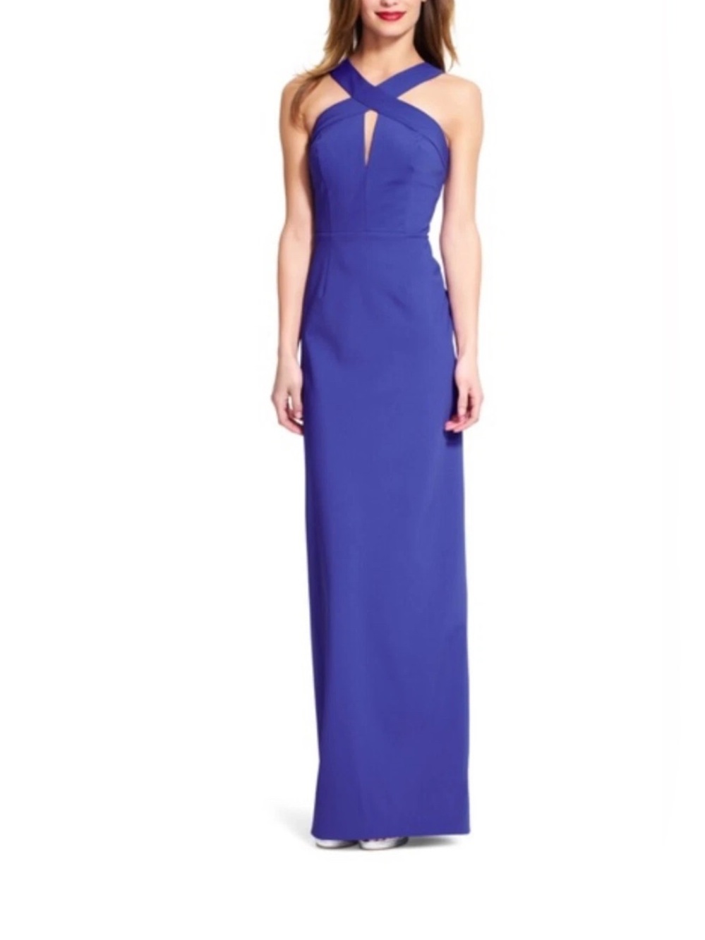 ADRIANNA PAPELL Cobalt Halter Criss-Cross Keyhole Neoprene Maxi Gown Dress 4 US
